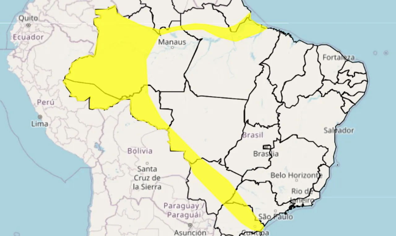 o mapa mostra &agrave;s &aacute;reas em alerta para chuva intensa